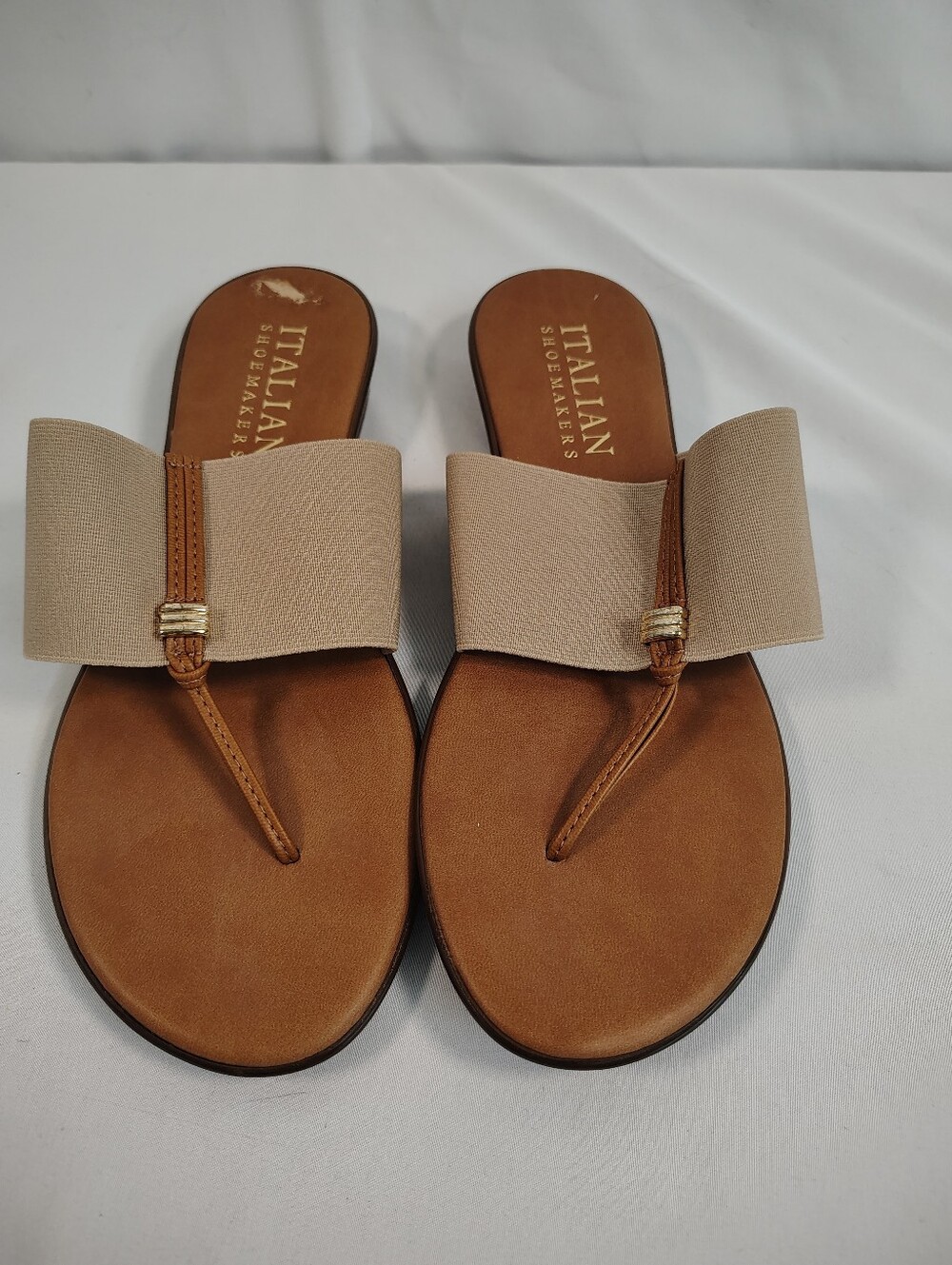 Women's Italian Shoemakers Tan and Beige Bow Toe-Thong Sandals Sz. 9.5
